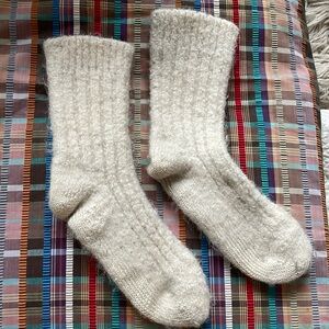 Handknit Irish wool white socks FLAW *accidentally felted*